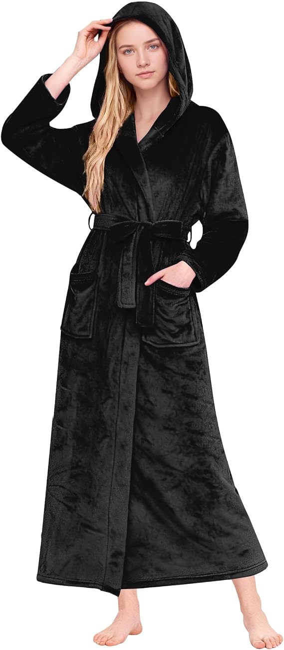 HEARTNICE Womens Long Hooded Robe, Soft Warm Fleece Bathrobes Full Length Plush House Coat