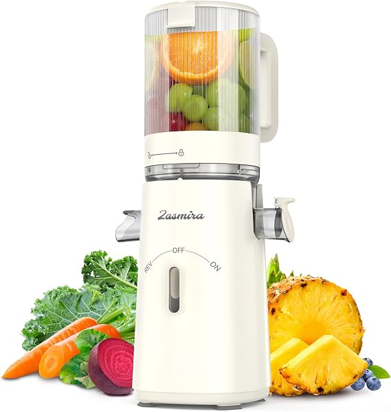 Zasmira Slow Juicer with High Torque and 120 mm Filling Channel No Pre-Cutting Juicer for Vegetables and Fruits 99.6% Juice Purity 1.5 L REV Mode Easier to Clean Pure White