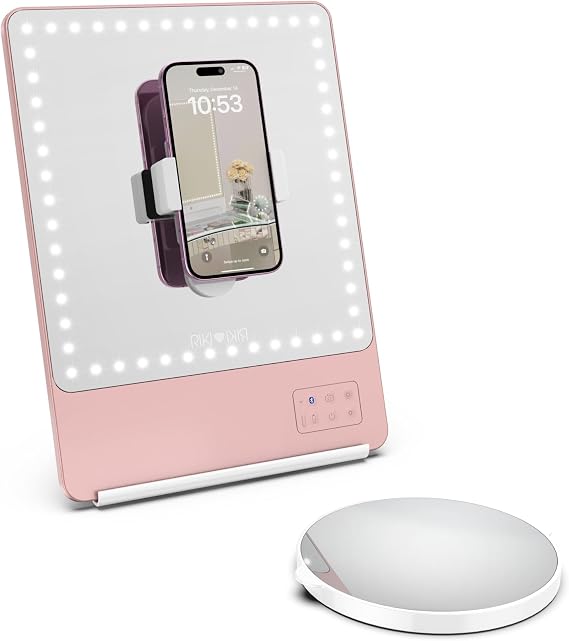 GLAMCOR Riki Skinny Smart Vanity Mirror with HD LEDs, Magnifying Mirror Attachment, Phone Holder and Bluetooth Control (Rose Gold, 10X Magnification)