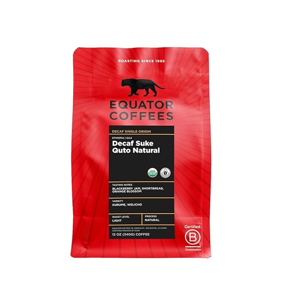 Decaf Ethiopia Suke Quto Natural - Roasted by Equator Coffees - Whole Bean Coffee - 12 Ounce Bag