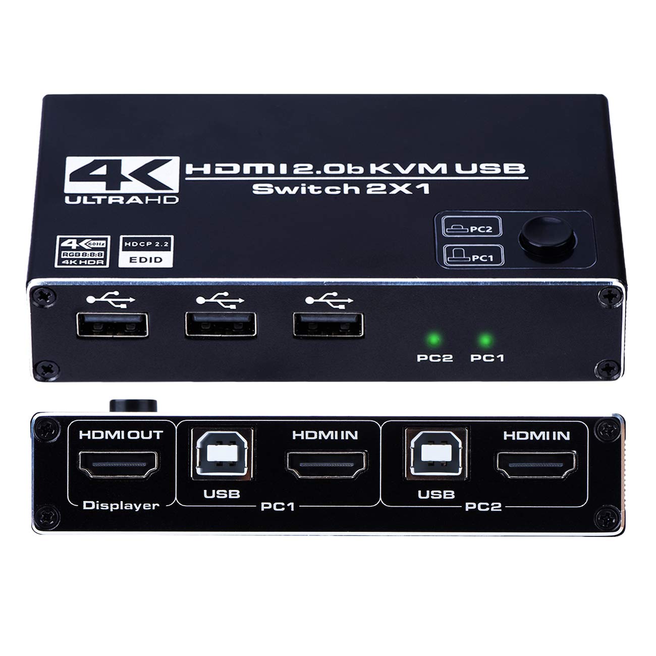 HDMI 2.0b KVM USB Switch 2 Port, 2 Computers Share One Monitor 2x1, 3 USB 2.0 Hub, Ultra HD 4K@60Hz, HDCP 2.2, Support Keyboard and Mouse
