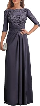 Mother of The Bride Dresses with Half Sleeve Chiffon Lace Applique Long Formal Evening Dress for Wedding