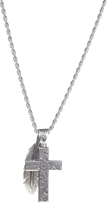 M&F Western Products Twister Cross & Feather Necklace, Silver, 24 Chain