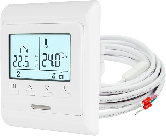 E51 Digital Thermostat Room Controller with Floor Sensor Illuminated Display 7-Day Weekly Program for Electric Underfloor Heating and NC Actuators