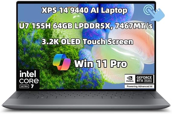 NewDell XPS 14 9440 AI Laptop 14.5 inch OLED Touch Screen 16 Cores Ultra 7 155H 64GB LPDDR5X, 7467MT/s RAM 1TB SSD Geforce RTX 4050 Graphics Webcam Backlit KYB Fingerprint WiFi Thunderbolt Win 11 Pro