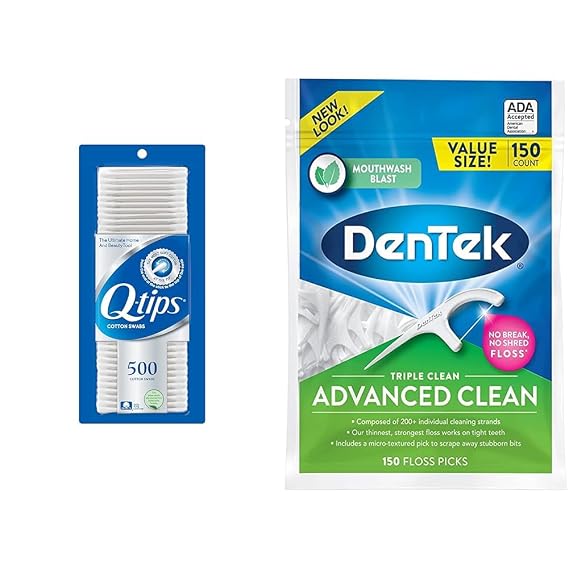 Q-tips Cotton Swabs For Hygiene and Beauty Care Original Cotton Swab Made With 100% Cotton 500 Count & DenTek Triple Clean Advanced Clean Floss Picks, No Break & No Shred Floss, 150 Count