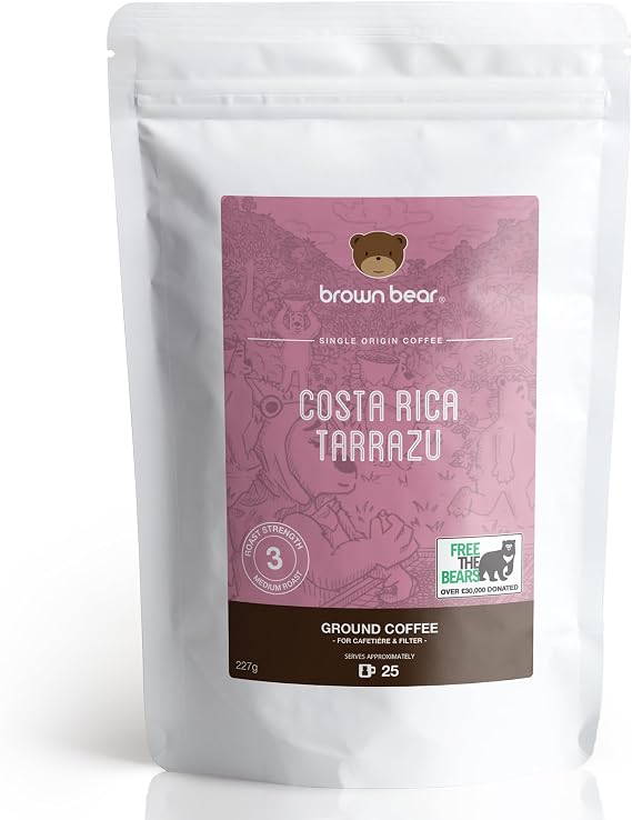 Costa Rican Medium Roast Ground Coffee 227g – Brown Bear Costa Rica Tarrazu – Strength 3 - For V60 Filter Cafetiere French Press – 100% Arabica – Donation to Free The Bears