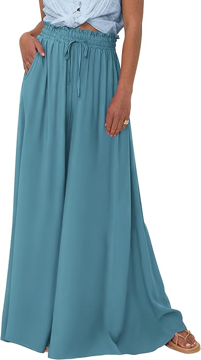 PRETTYGARDEN Summer Wide Leg Palazzo Pants for Women Casual | Soft Flowy Pant, High Waisted Drawstring, Solid, Floral Printed, Pleated Lounge Trousers Pockets, Boho Beach Vacation Outfits