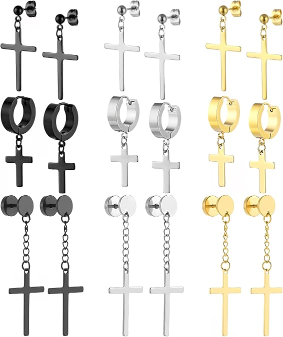 NEWITIN 9 Pairs Cross Earrings for Men Women Stainless Steel Earring Set | Hypoallergenic 316L, 18K Gold Plated, Stud Hoop Cross Set, Black Silver Gold, Dangle Hinged Earring, Punk Unisex Earrings