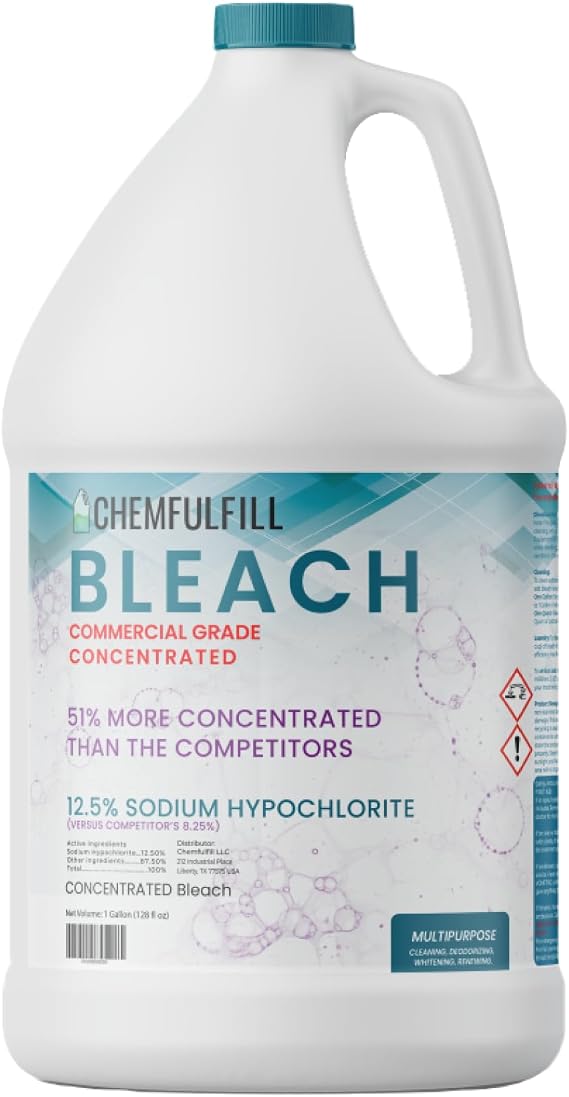 Chemfulfill Bleach - Sodium Hypochlorite 12.5% (Concentrated Bleach) - Deodorizing, Renewing, Cleaning (Gallon)