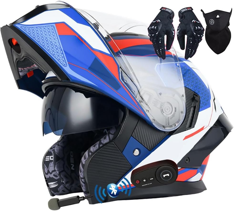 Bluetooth Flip-up Modular Motorcycle Helmet ECE Approved Motorbike Front Helmet Anti-fog Visor Tinted Motorbike Helmets Racing Crash Karting Full Face Motorbike Helmets XXL