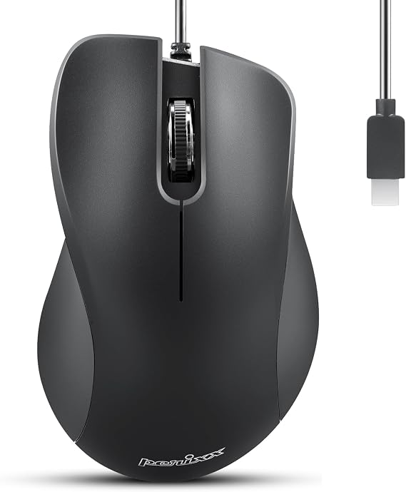 Perixx PERIMICE-221C USB Type C Wired Ergonomic Mouse - 4.9 Ft Cable - Optical 1200 DPI Design - Black......