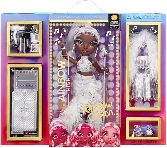 Rainbow High Rainbow Vision Rainbow Divas- Ayesha Sterling (Silver) Posable Fashion Doll with 2 Designer Outfits to Mix & Match + Vanity Playset, Great Toy Gift for Kids 6-12 Years Old & Collectors