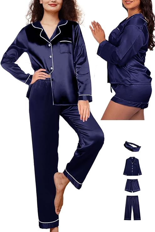 WJing Yi Jia Womens 4Pcs Satin Pajamas Set Silk Pajama Sets Silky Sleepwear Long Pj Set Loungewear Soft Pjs Nightwear XS-XXL