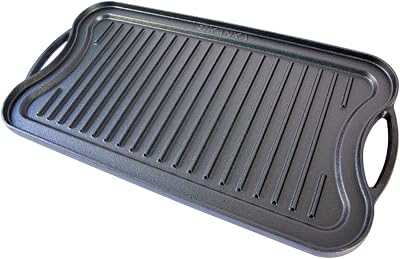 KANKA Grill Cast Iron Griddle - Extra Large Reversible Double-Sided Griddle for Gas Stove, BBQ Grill Plate, Flat Top Skillet for Stove Top, Outdoor Grill - 19.7in x 10.23in, Pre-Seasoned, Black