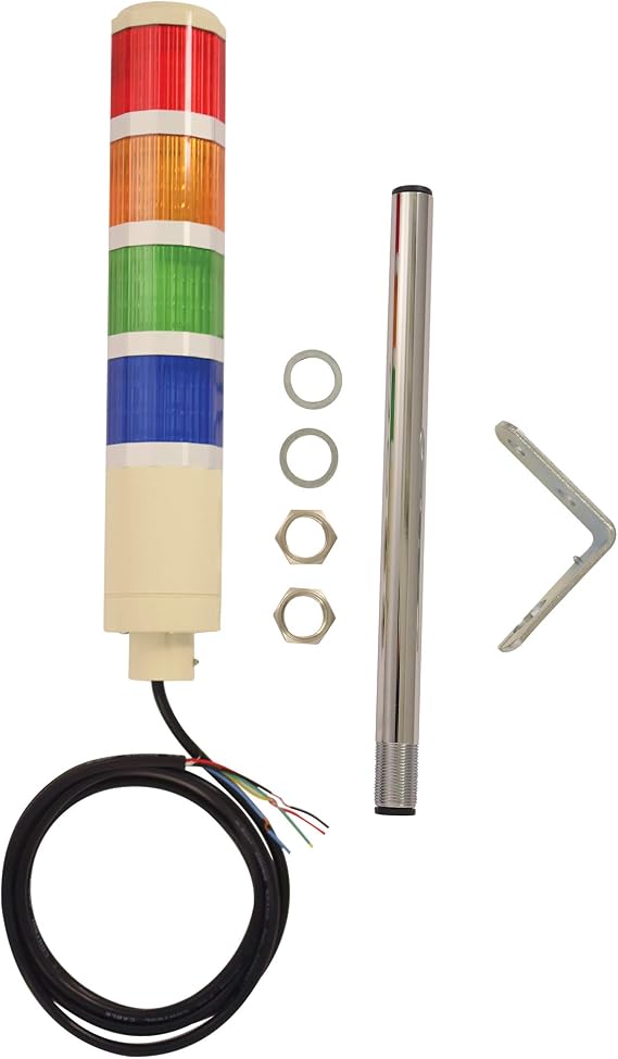 4 Stack Super Bright LED Tower Light, Steady On, Red/Amber/Green/Blue, 12 inch Threaded Pole, Right Angle Bracket, 5 Foot Bare Wire Leads 110VAC (NO Power Cord OR Controls Included)