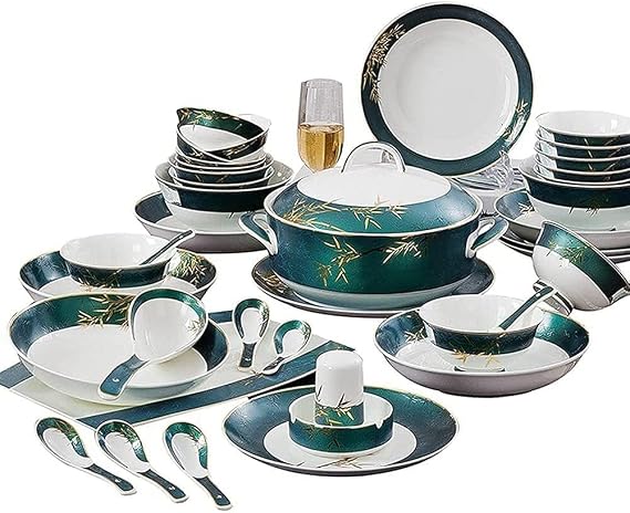 Stylish Dishes Set for Luxury Restaurant and Home, 58-Piece Dinnerware Sets, Porcelain Plate and Bowl Set, High-end Bone China European Gift Dishware Sets, Golden Bamboo Pattern Decor Kitchenware