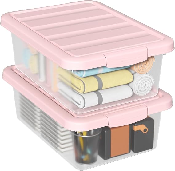 2 Pack 16 L Under Bed Latching Box, Clear Box with Pink Lid