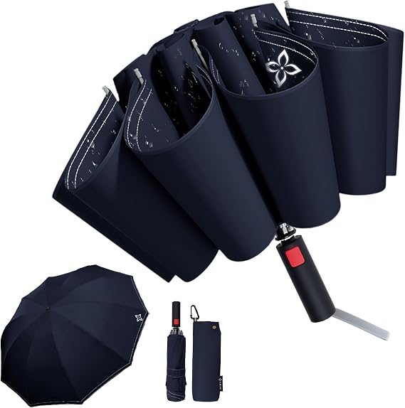 Large Travel Inverted Umbrella, 55" 10 Ribs Windproof for Rain & Sun, Reverse Auto open/close Compact Portable for Men, Reflective Thread for Night Safety