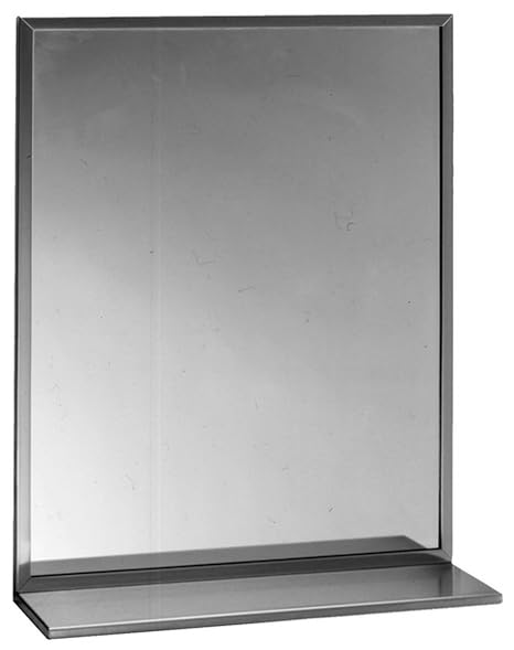 Bobrick 166 Series 430 Stainless Steel Channel Frame Glass Mirror with Shelf, Bright Finish, 18" Width x 24" Height