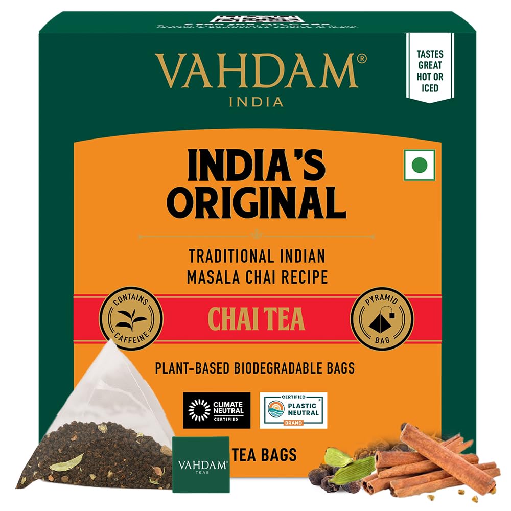 VAHDAM, Indias Original Masala Chai Tea Bags 15 Count Non GMO, Gluten Free, No Added Flavoring | Blended wSavory Exotic Spices | Individually Wrapped Pyramid Tea Bags | Direct from Source