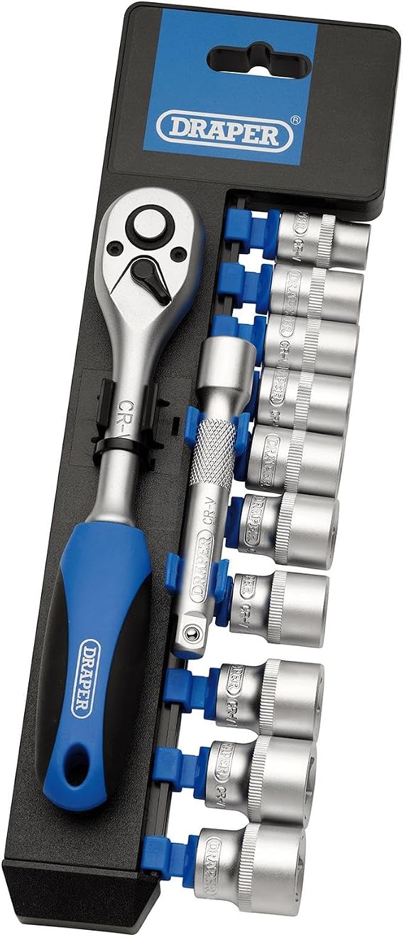 Draper 16371 Square Drive Metric Socket and Ratchet 12 Pieces Set, 3/8" Length , Blue