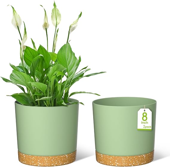 ZMTECH 20cm Plant Pots, Modern Planters with Drainage Holes and Detachable Saucer, Plastic Flower Pots for Plants for House Garden Windowsill (Set of 2, Green)