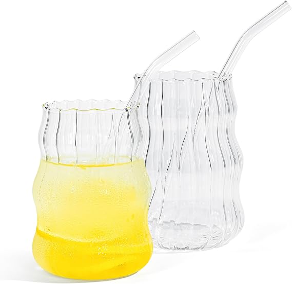 sweet grain Ribbed Glass Cups Set of 2, 18 oz Glasses Drinking Set, Drinking Glasses Tumbler with Straw for Iced Coffee Juice Drink Milk