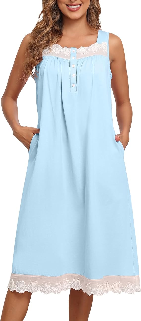 Bloggerlove Nightgowns for Women 100% Cotton Button Down Sleeveless House Dress Summer Moomoo Nightgown with Pockets