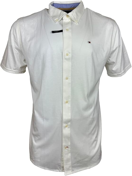 Tommy Hilfiger Men's Button Down Collar Soft-Cotton Short Sleeve Casual Shirt (Cream, XS), X-Small