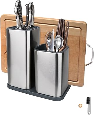 Universal Knife Block, Stainless Steel Universal Knife Holder Block Without Knives, Modern Kitchen Knife Storage Organizer for Countertop with Cleaning Brush Stainless SteelSilver
