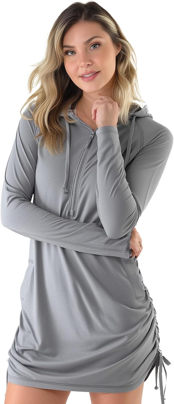 Palmyth Womens SPF Dress UPF 50+ Swim Cover-Up Quick Dry Fishing Dress | Sun Protection, 2 Pockets, Side drawstring, Thumb Holes, hooded, Long Sleeve, Stretchy, Swim, Beach, Fishing, Outdoor Wear