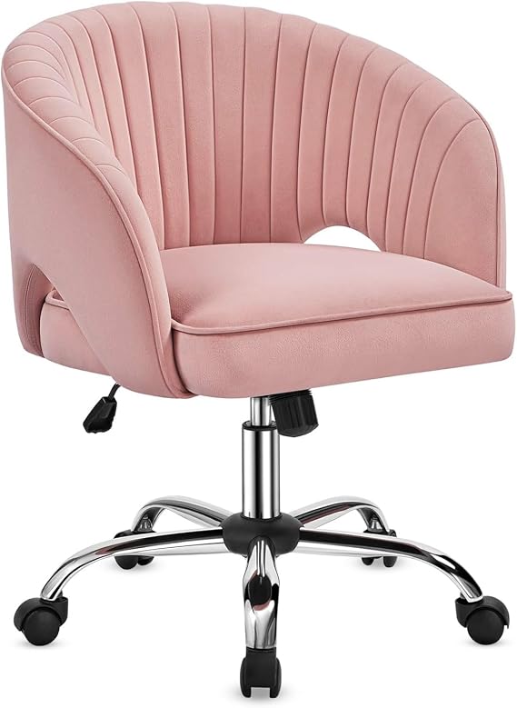 CLATINA Home Office Desk Chair Comfortable Ergonomic Barrel Backrest Modern Velvet Vanity Chairs Adjustable Height with Wheels, Swivel Task Computer Chair for Study Living Room Bedroom Dressing, Pink
