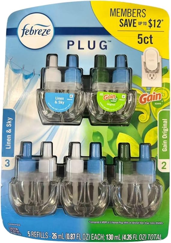 Febreze Plug In Air Freshener, Odor-Fighting Scented Oil Refill For Home, Bathroom, Kitchen, Long Lasting, Linen & Sky and Gsin Original Scents, 0.87oz Refills 5Pk