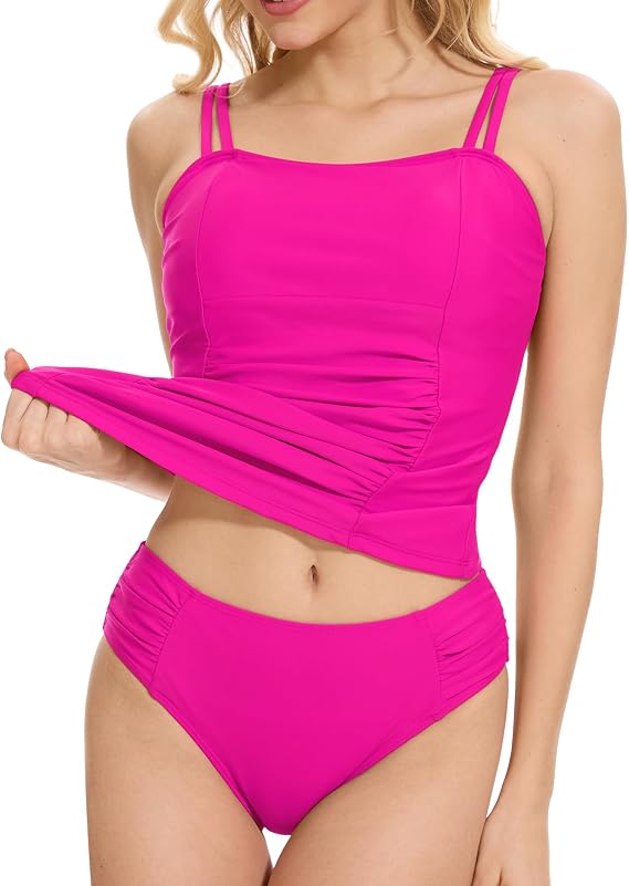 Women's Ruched Tankini Swimsuits Two Piece Full Coverage Slim Swim Suits with High Waisted Bottom