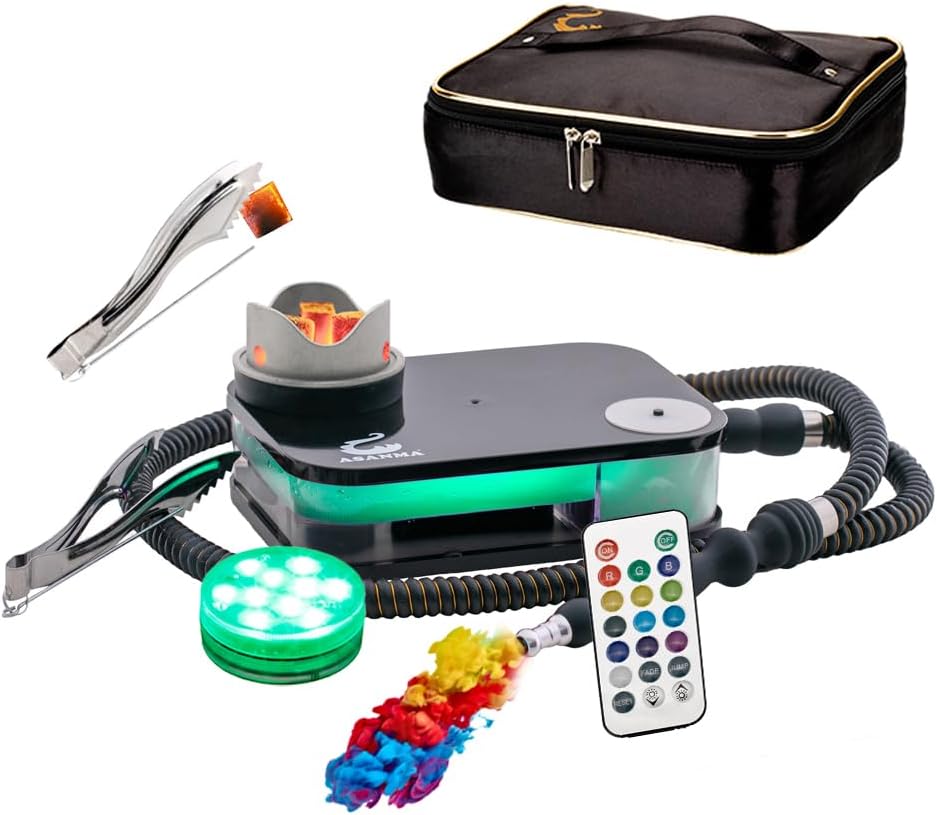 Travel Hookah, Acrylic Flat Box Hookah Kit Set Portable Hookah Shisha with CaseSilicone BowlHoseTongs Magical Remote LED Light for Better Shisha Hookah Narguile Smoking