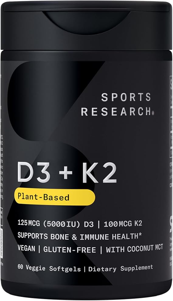 Sports Research Vegan Vitamin D3 + K2 w/Coconut Oil, 60 Count PlantgelsTM | Plant-Based Vitamin D 5000iu/125mcg & Soy-Free Vitamin K 100mcg for Bone & Immune Support - Vegan Certified Non-GMO