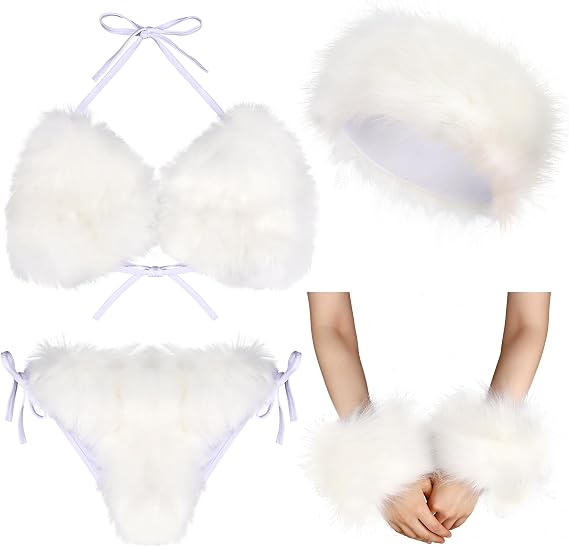 Ramede 4 Pcs Women's Faux Fur Bikini Bra Top Fur Headband Wrist Cuffs Bikini Panties Set Furry Suits for Women Swimsuits