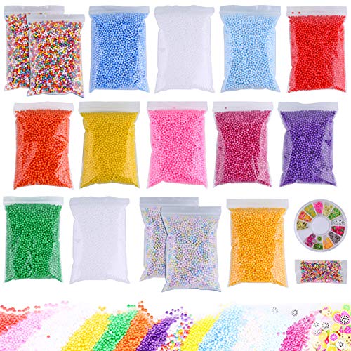 Slime Foam Beads Floam Balls 18 Pack Microfoam Beads Kit 0.1-0.14 inch Micro Colors Rainbow Fruit Beads Craft Add ins Homemade DIY Kids Ingredients Flote Microbeads Supplies Mini Small