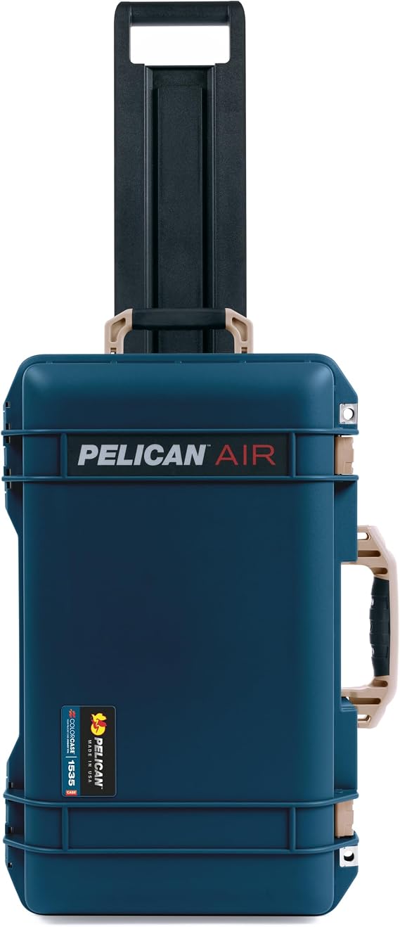 Deep Pacific Blue Pelican Air 1535 Carry-on Case - With Pick & Pluck Foam - Desert Tan Handles & Latches.