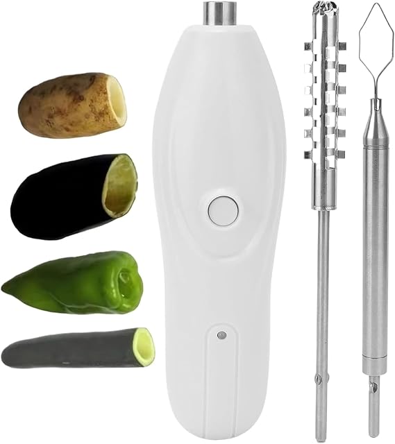 Electric Vegetable Corer, Handheld Kitchen Zucchini Digging Corer, Rechargeable Stainless Steel Fruit Seafood Corer with 2 Heads, Scraping Scale & Descaling Tool
