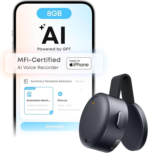 soundcore Work by Anker, Coin-Sized AI Voice Recorder, 8GB, MFi Certified | AI Note Taker for Meetings, AI Transcription and Summarization, Cross-Meeting Summary