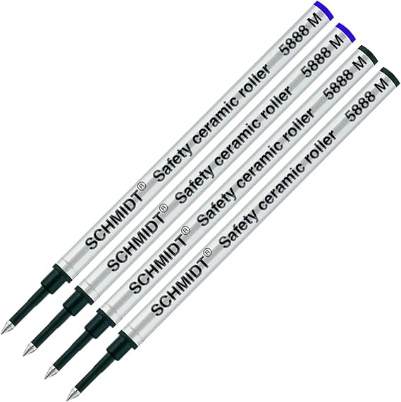 Schmidt 5888 M Safety Ceramic Rollerball Metal Refill - Black(2), Blue(2) Ink (Medium Tip 0.7mm) - Pack of 4