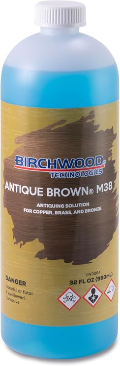 Birchwood Antique Brown M38 - cold brush on traditional patina solution to create light to dark chocolate brown aged and distressed look on copper, brass, and bronze