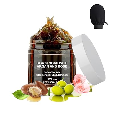 Morocco Black Soap with Argan and Rose, 200g Black Soap Bar Exfoliating Soaps, Moroccos Body Scrub with Exfoliating Glove 1