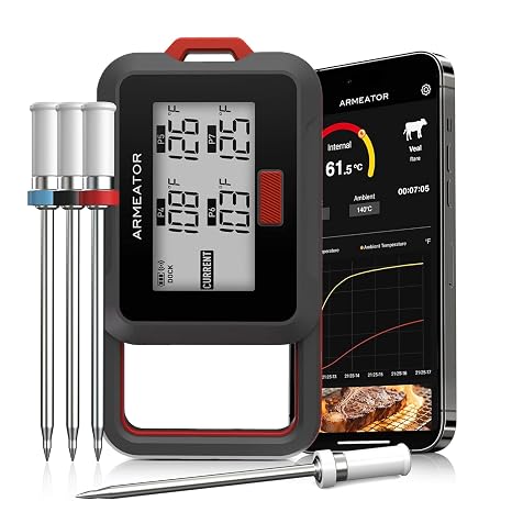 ARMEATOR Digital Meat Thermometer with 4 Probes, Bluetooth Meat Thermometer with LCD-Enhanced Booster for Food Cooking Grill Smoker