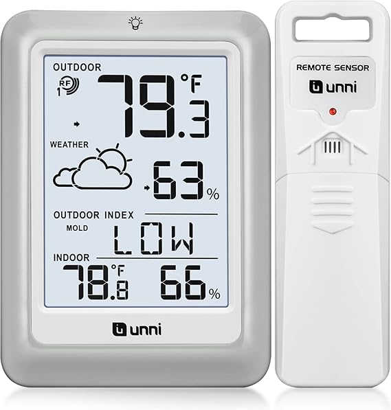 Indoor Outdoor Thermometer Hygrometer Wireless Weather Station, Temperature Humidity Monitor Battery Powered Inside Outside Thermometers with 330ft Range Remote Sensor and Backlight Display
