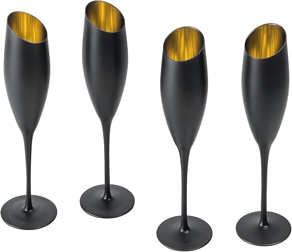 MyGift Matte Black and Gold Angled Rim Stemmed Glass Champagne Flutes, Sparkling Wine Toasting Glasses for Drinking Prosecco Cocktails Mimosa, Stemware Set of 4