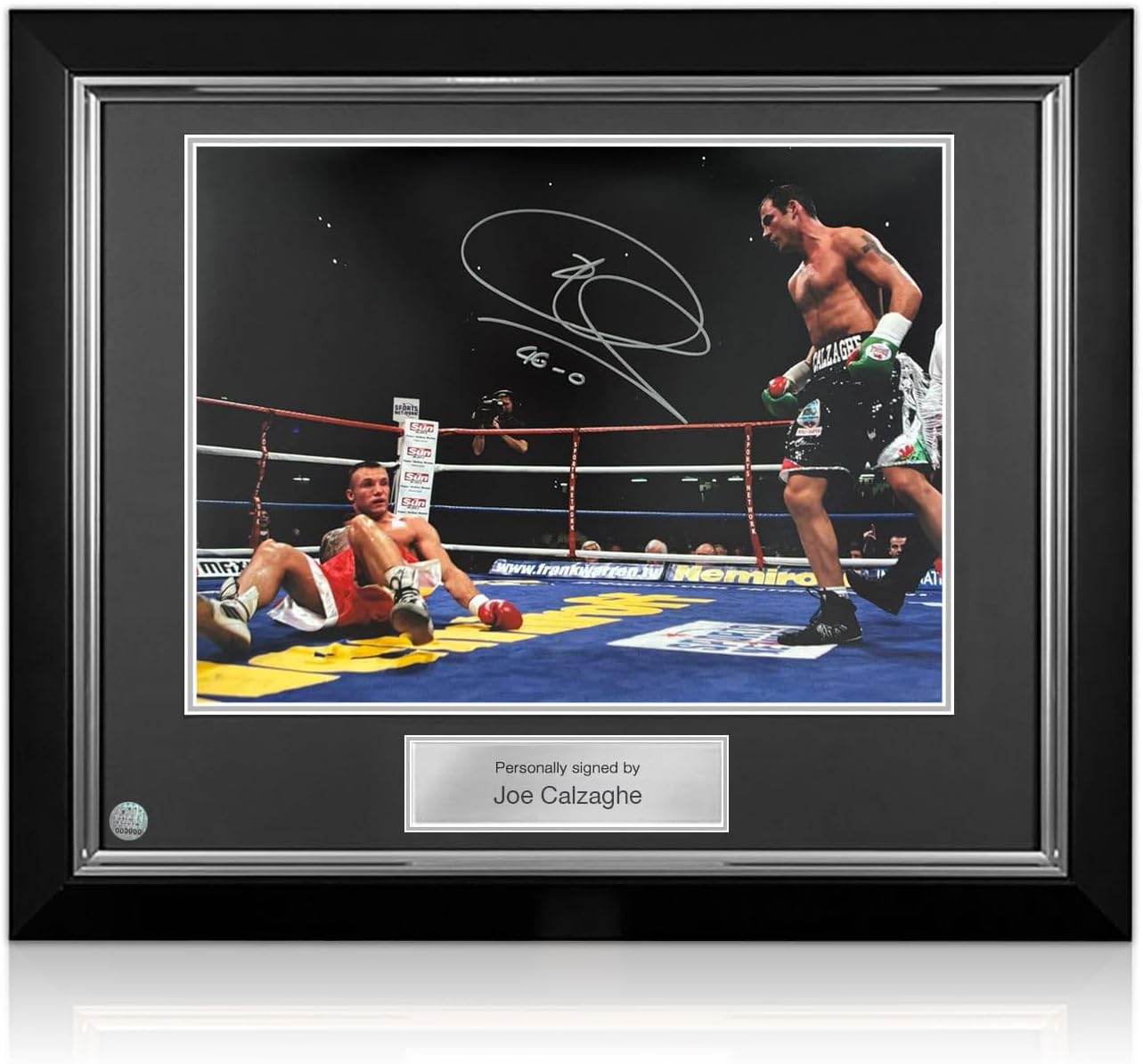 Joe Calzaghe Signed Boxing Photo: VS Mikkel Kessler. Deluxe Frame