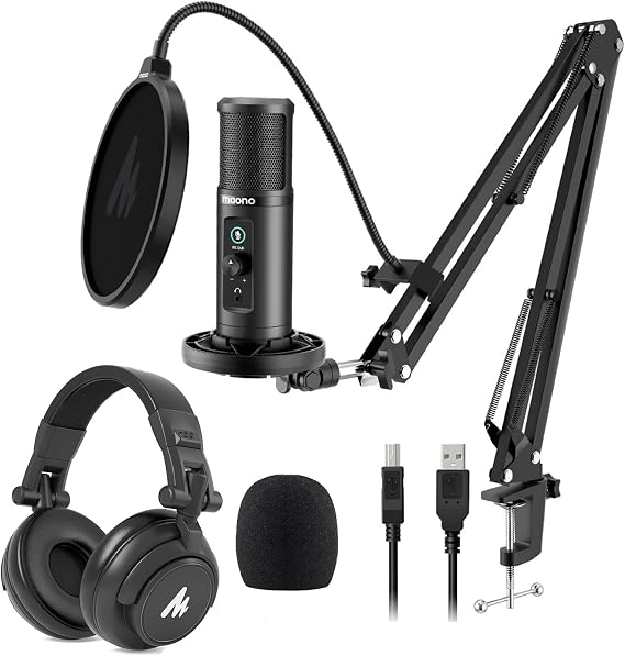 MAONO USB Microphone with Studio Monitor Headphones Bundle Plug and Play for Podcast, YouTube, Music, PM422, MH601
